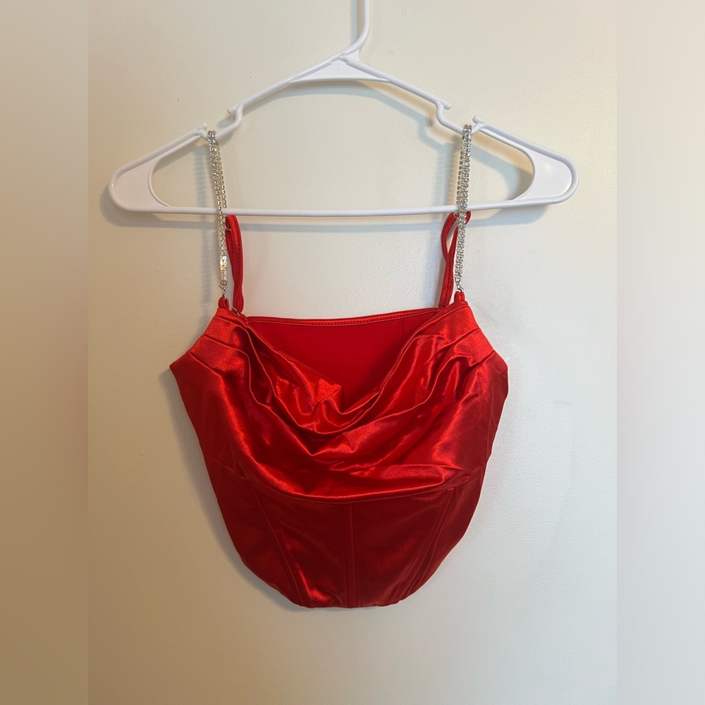 Red corset cowl top with sparkly straps. Never worn